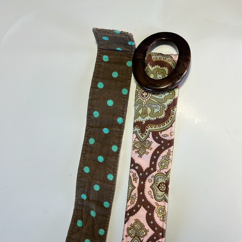 Billy Belts VTG boho paisley print brown pink cotton faux tortoise shell buckle